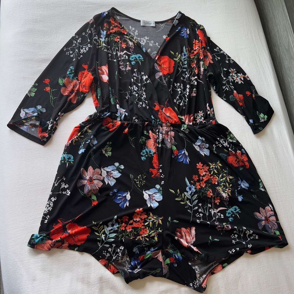 Kaileigh Black Floral Surplice Romper 2X 3/4 Sleeve V-Neck Elastic Waist Boho